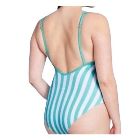 Kona Sol Plus One Piece Green Stripe Print V-Neck Bathing Suit 14 16 22 24 - Picture 2 of 10